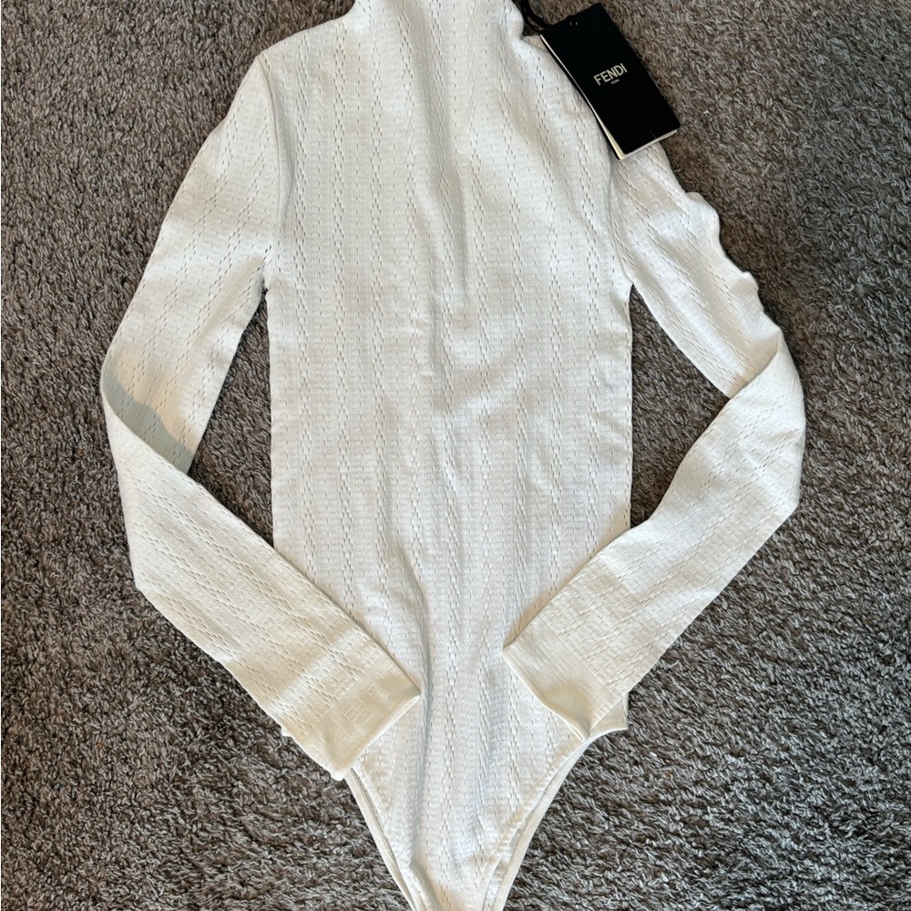 Fendi White Ribbed Long Sleeve Bodysuit